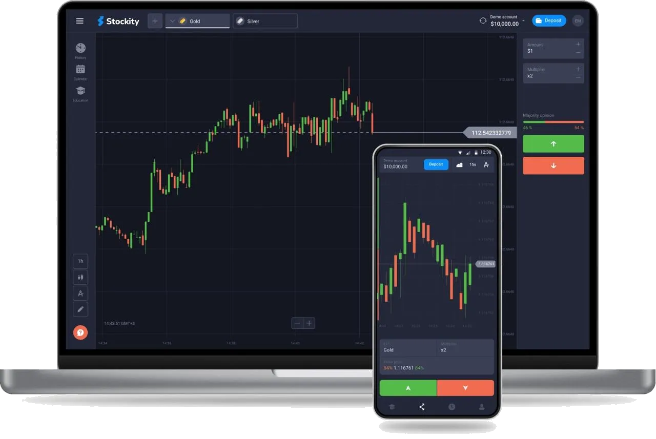 Stockity trading platform on laptop and phone