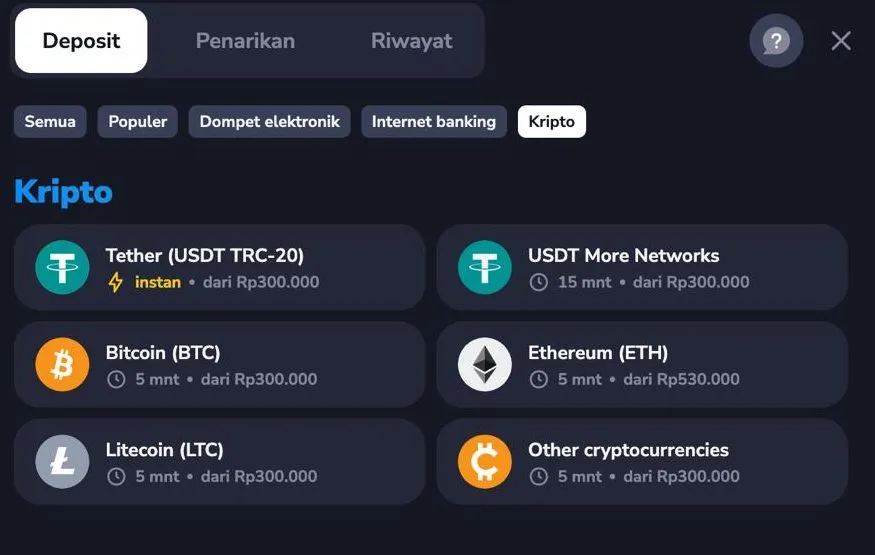 Kasir Stockity — Kripto (USDT, BTC, ETH, LTC, dll).