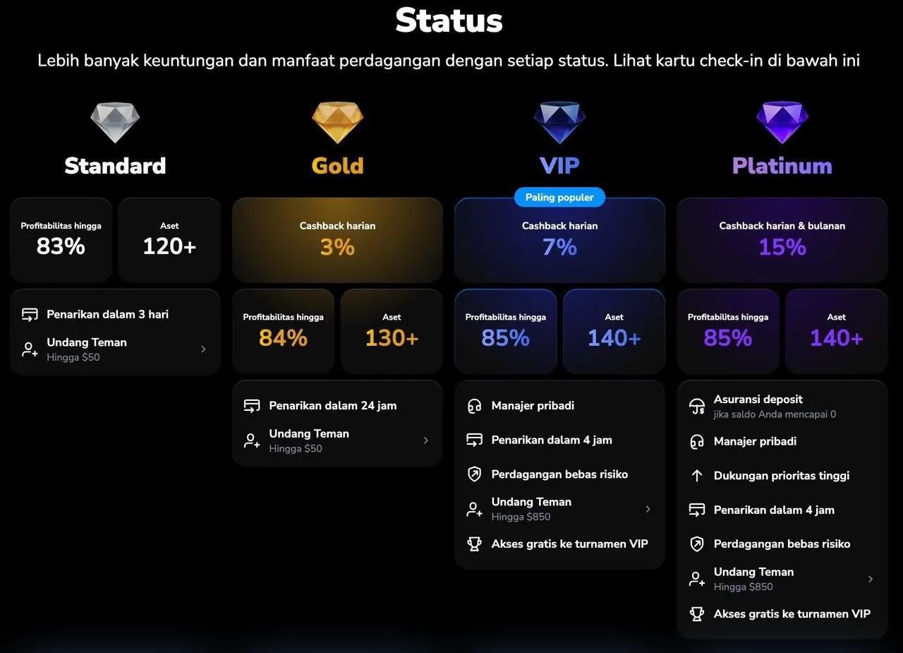 Stockity Status tiers page (Standard, Gold, VIP, Platinum)