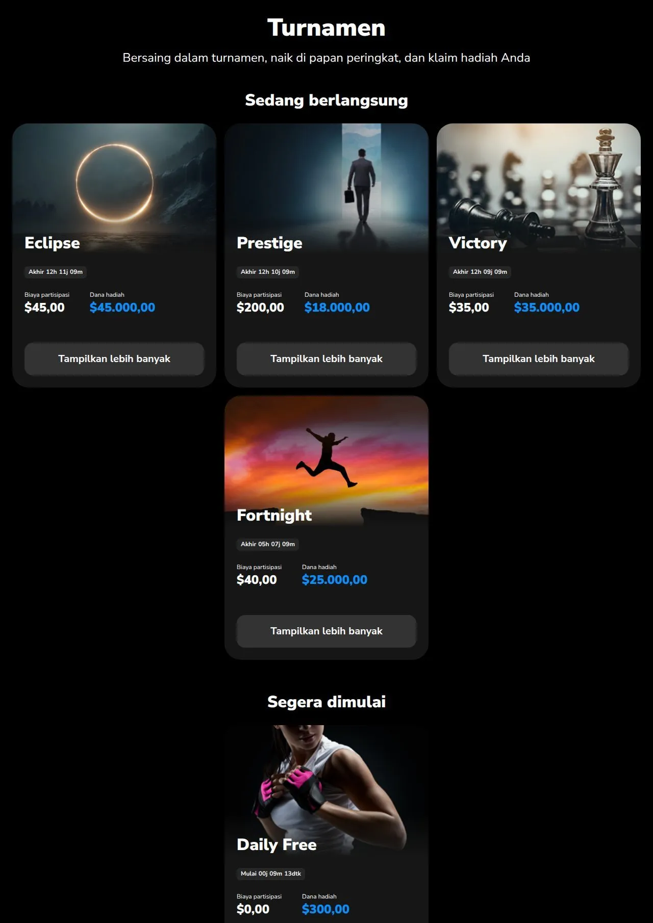 Stockity official Tournaments page (Eclipse, Prestige, Victory, Fortnight, Daily Free)