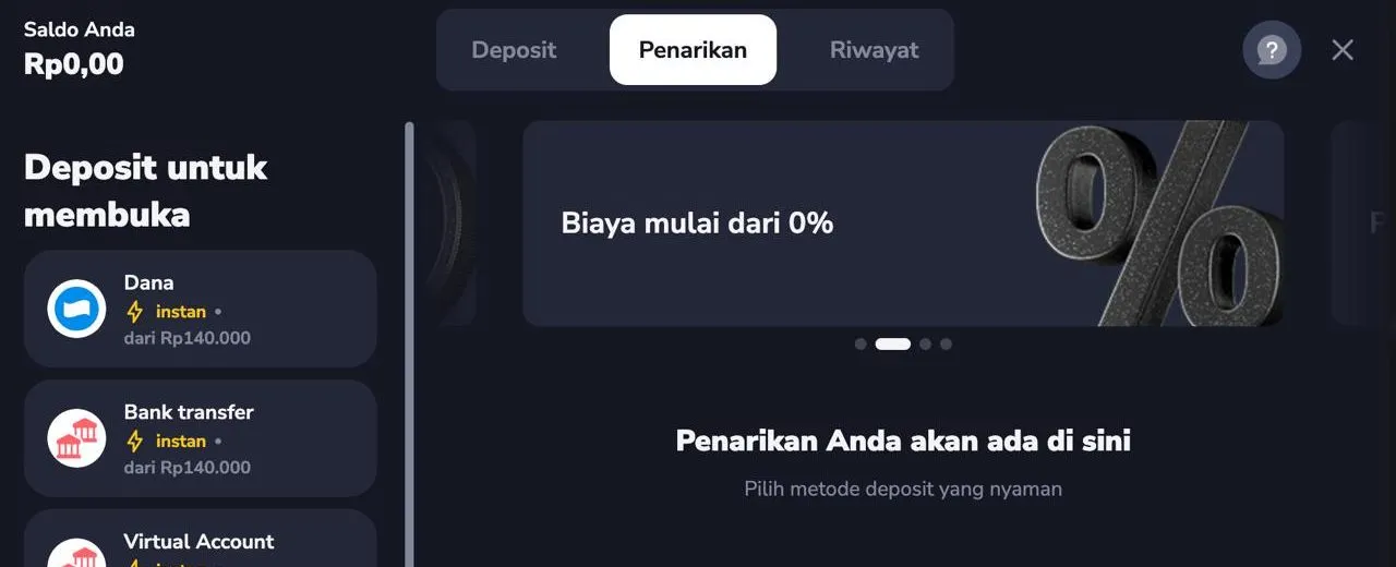 Stockity cashier — Withdrawal tab: method list & "Fees from 0%".