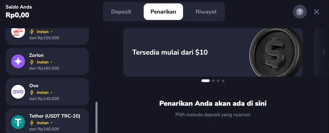 Stockity cashier — Withdrawal tab: crypto methods & "Available from $10".